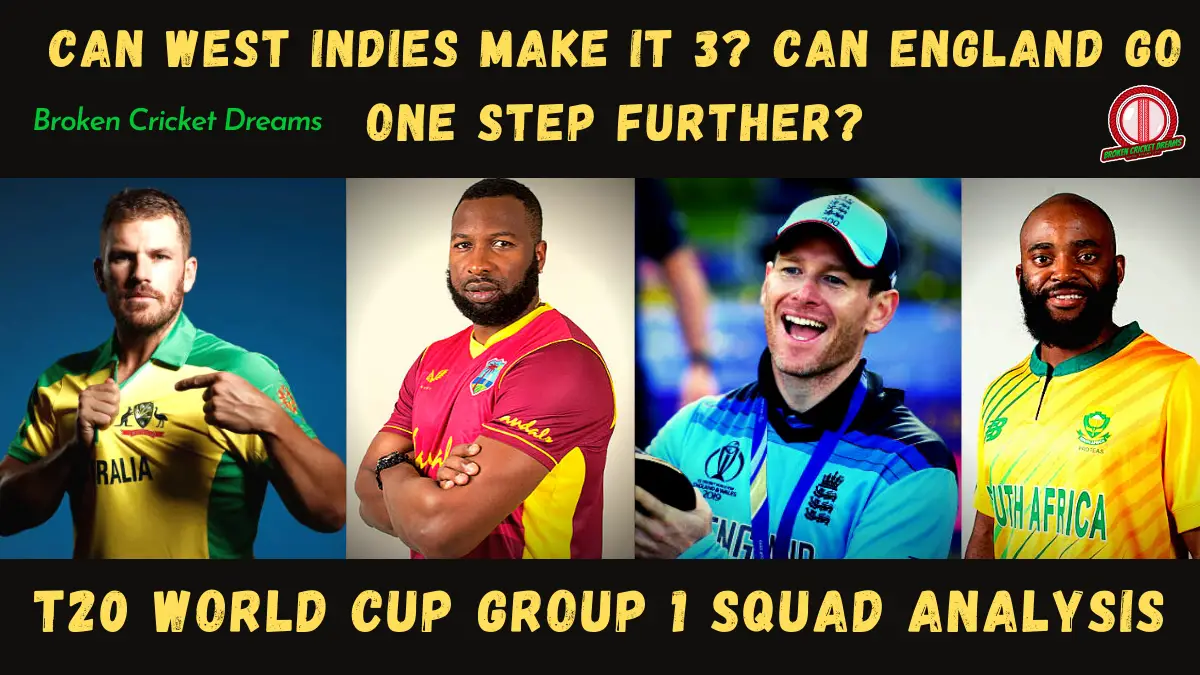 Group 1 2021 T20 World Cup Squads - Picture of Captains Finch, Pollard, Morgan, and Bavuma