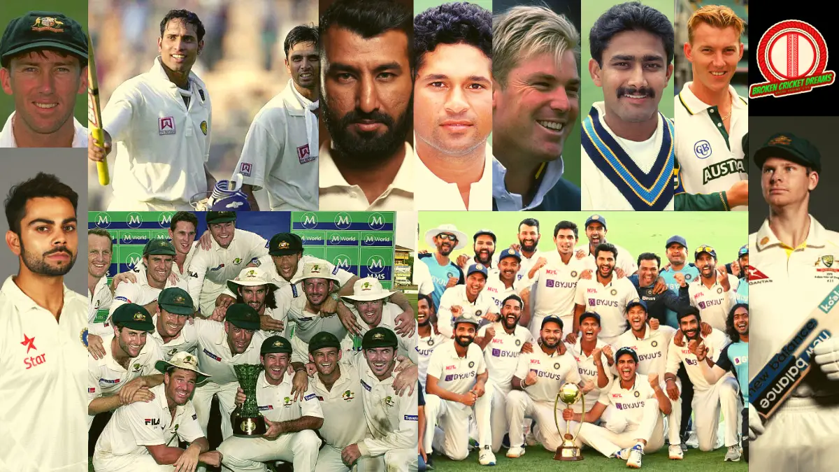 Collage of Indian and Australian Test players and moments from the Border-Gavaskar Trophy