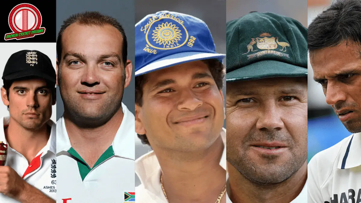 Most Test Runs Collage Pictured here (from left to right) - Alastair Cook, Jacques Kallis, Sachin Tendulkar, Ricky Ponting, and Rahul Dravid.