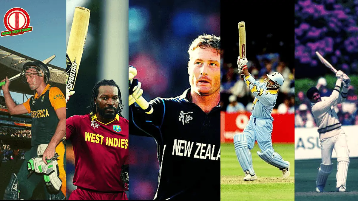 Highest Individual Scores in ODI World Cup - The Best World Cup Innings: (From left to right) AB De Villiers acknowledging the crowd, Chris Gayle, Martin Guptill, Sourav Ganguly, Kapil Dev hitting a shot