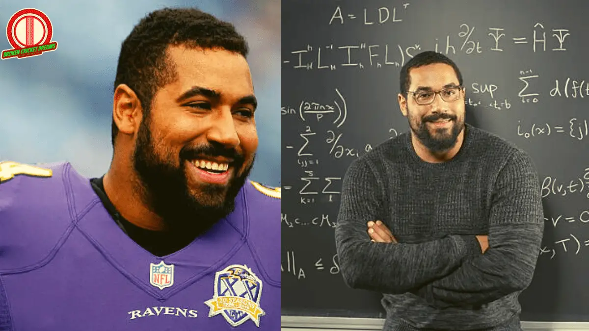 John Urschel Mind and Matter Book Review: Photo of John Urschel in Baltimore Ravens jersey (left) and photo of him in front of a blackboard with math written on it (right)