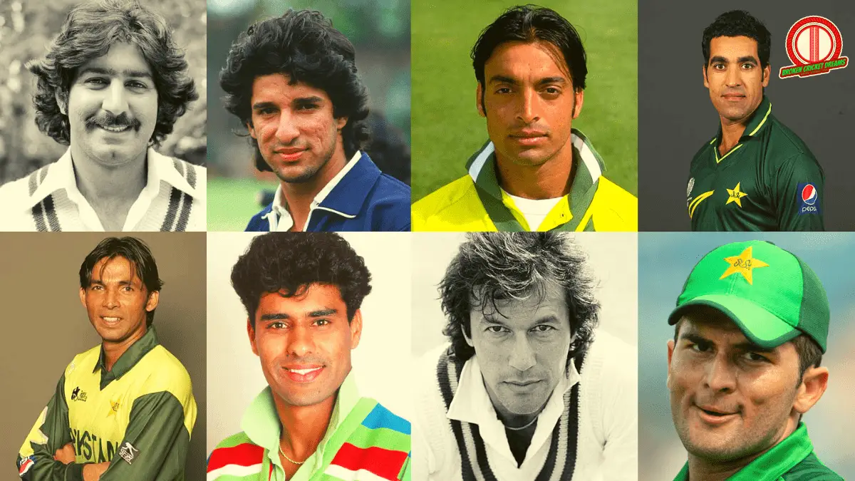Pakistan Fast Bowlers - List of the Greatest Pakistan Fast Bowlers of All Time. Collage shown in two rows. Top Row (From Left to Right): Sarfraz Nawaz, Wasim Akram, Shoaib Akhtar, Umar Gul. Bottom Row: (From Left to Right) Mohammad Asif, Waqar Younis, Imran Khan, and Shaheen Shah Afridi