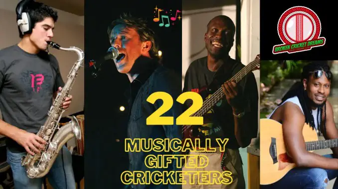 Collage of Alastair Cook (left) on saxophone, Graeme Swann (middle left) - Lead singer, Curtly Ambrose (middle right) on bass guitar, and Omari Banks (bottom right) on guitar - Photos of cricketers with musical talent