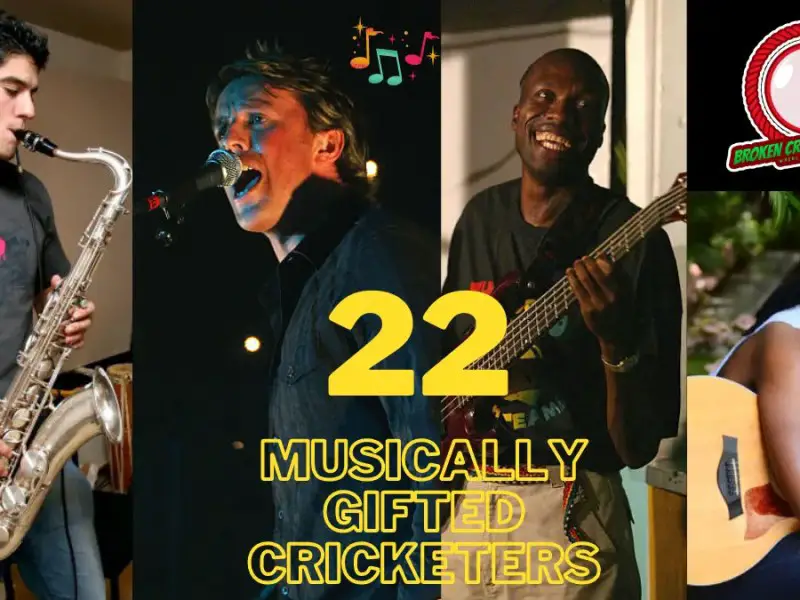 Collage of Alastair Cook (left) on saxophone, Graeme Swann (middle left) - Lead singer, Curtly Ambrose (middle right) on bass guitar, and Omari Banks (bottom right) on guitar - Photos of cricketers with musical talent