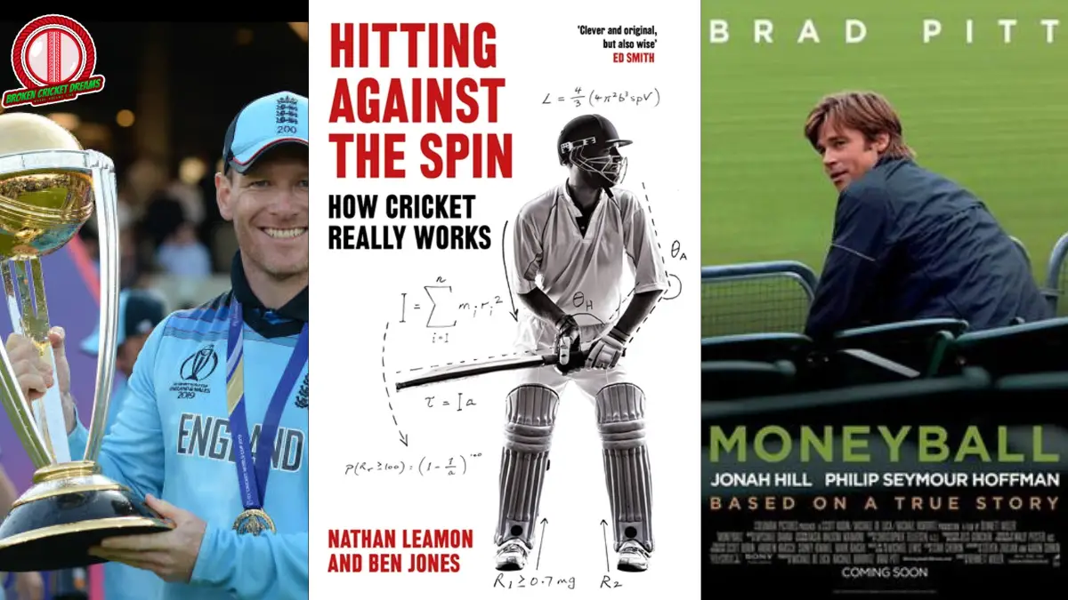 Hitting Against the Spin Cover, Moneyball Movie Cover, Eoin Morgan Lifting the World Cup Image
