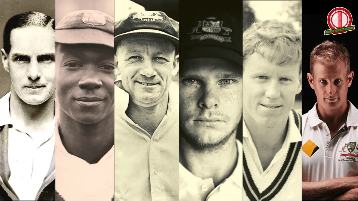 Highest Batting Averages in Test Cricket: Bradman, Sutcliffe, Voges, Graeme Pollock, Steve Smith, and George Headley pictured here