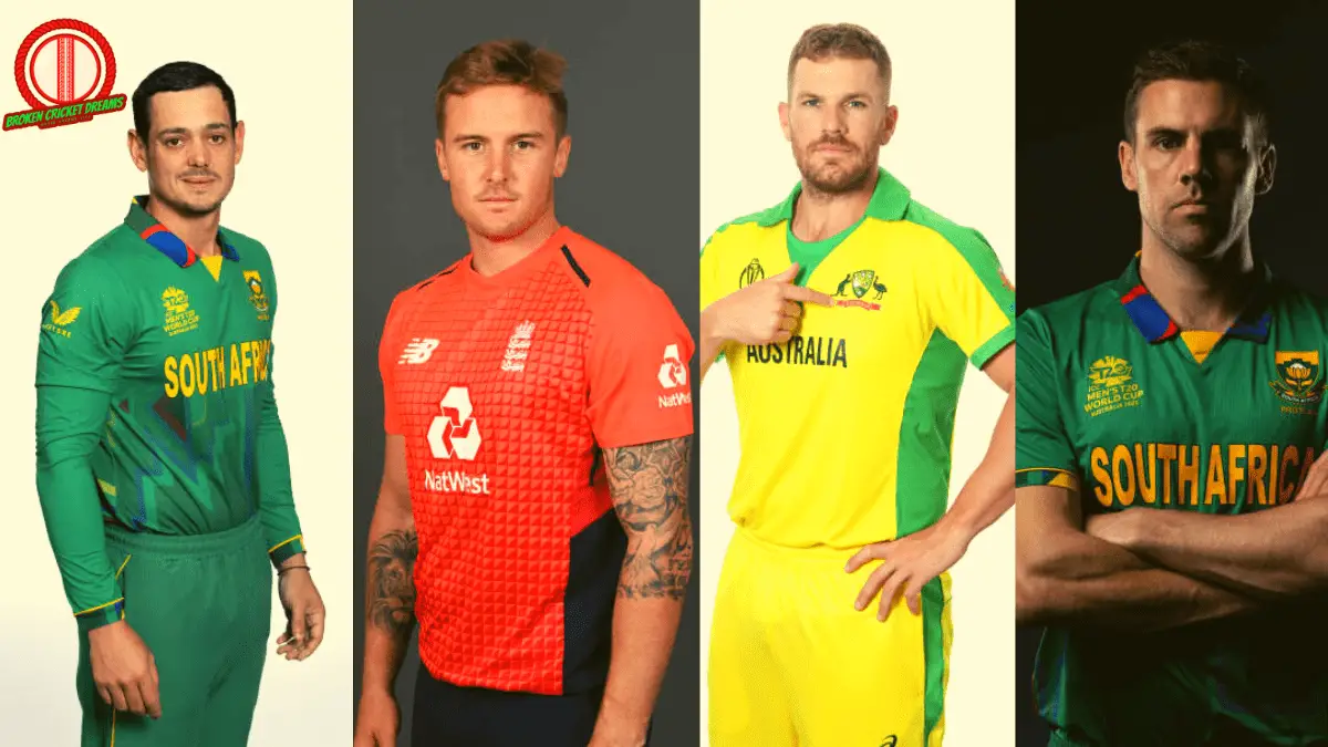 Collage of Quinton de Kock, Jason Roy, Aaron Finch, and Anrich Nortje - 4 key overseas players in the Major League Cricket competition. This is an article on Major League Cricket schedule.