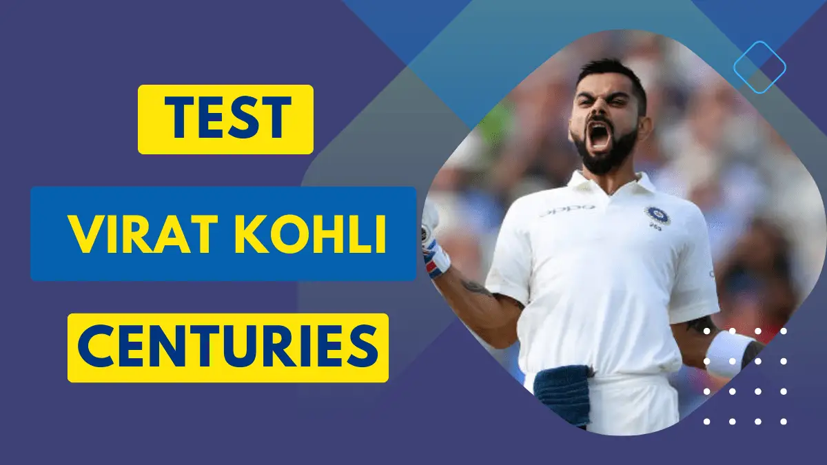 Virat Kohli Test Centuries - Thumbnail with captain and photo of Virat Kohli celebrating a Test century at Birmingham.