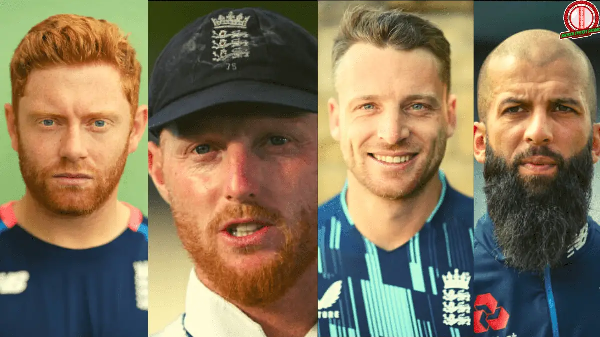2023 Cricket World cup England Squad: (From left to right) Jonny Bairstow, Ben Stokes, Jos Buttler, Moeen Ali)
