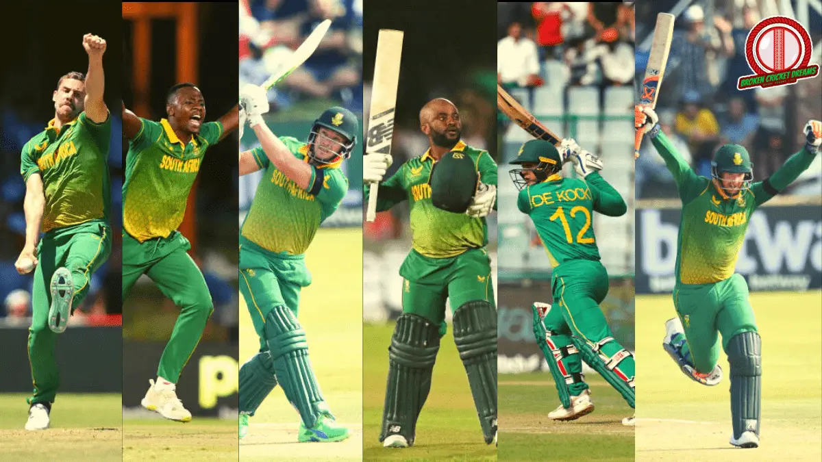 2023 Cricket World Cup South Africa Squad: (From Left to Right): Anrich Nortje, Kagiso Rabada, David Miller, Temba Bavuma, Quinton de Kock, and Heinrich Klaasen