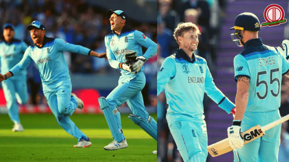 England Cricket Schedule 2023 Cricket World Cup: Pictured (from left to right) 2019 World Cup Final collage - Buttler & Bairstow, Root & Stokes