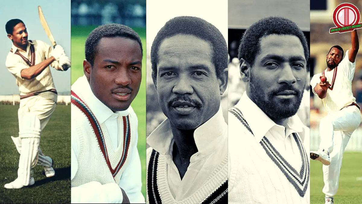 Greatest West Indies Cricketers of All Time: (From Left to Right) Sir Frank Worrell, Brian Lara, Sir Garfield Sobers, Sir Vivian Richards, Malcolm Marshall