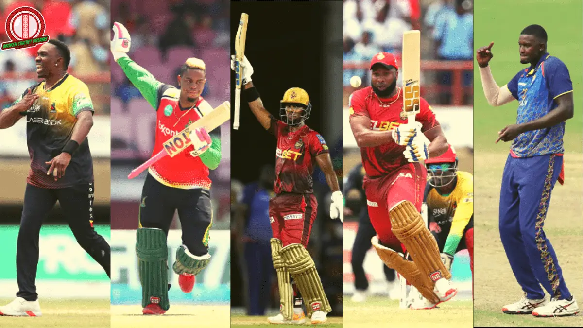 Salary of Caribbean Premier League (CPL) player. Pictured here are some of the most prominent CPL players: (From left to right) - Dwayne Bravo, Shimron Hetmyer, Nicholas Pooran, Kieron Pollard, and Jason Holder.