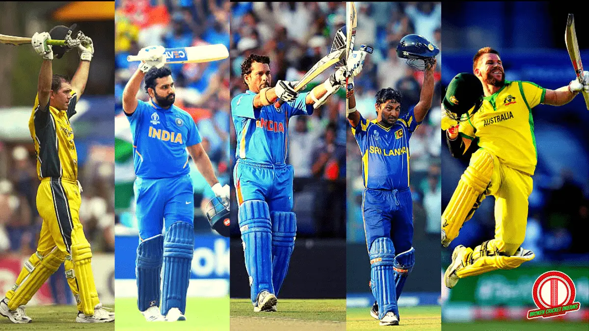 Most Centuries in ODI Cricket World Cup. Pictures of cricketers celebrating their hundreds (from left to right): Ricky Ponting, Rohit Sharma, Sachin Tendulkar, Kumar Sangakkara, and David Warner