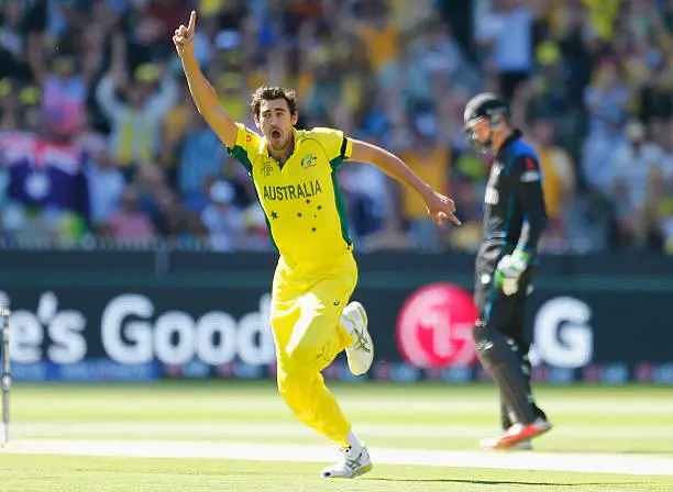 Photo of Mitchell Starc celebrating in the 2015 World Cup final.