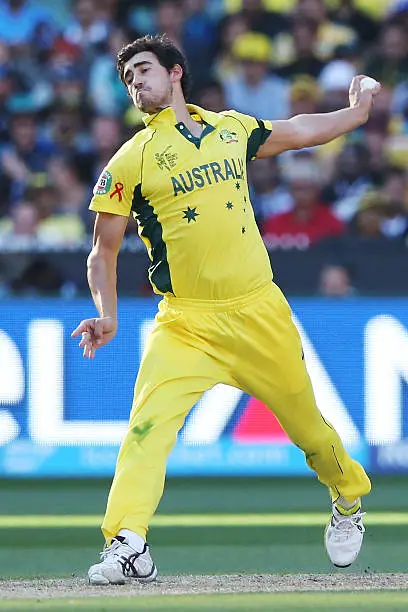 Pictured here - Bowling action of Mitchell Starc (photo from the 2015 Cricket World Cup).