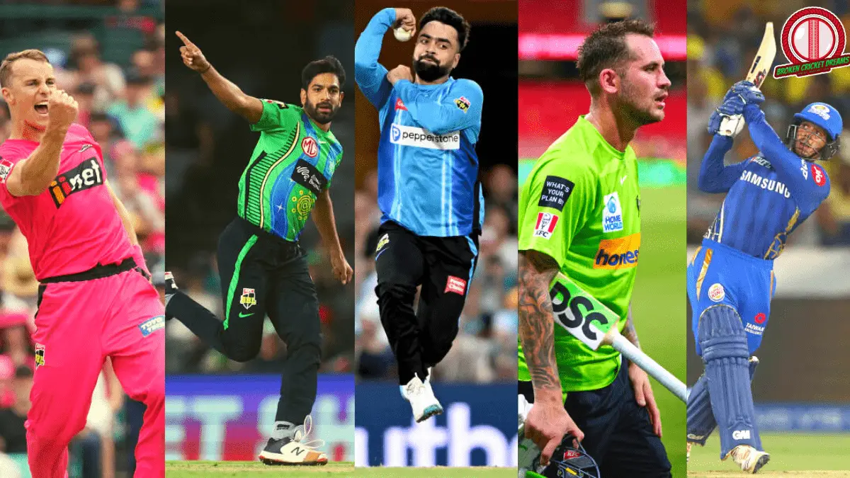 Salary of a Big Bash League player in Australia - Image from left to right as follows: Tom Curran, Haris Rauf, Rashid Khan, Alex Hales, and Quinton de Kock