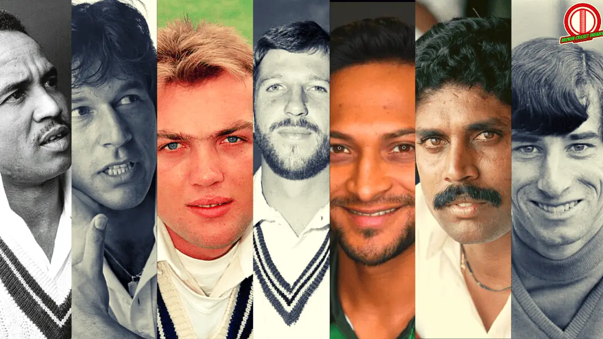 Greatest All-Rounders in Cricket History Collage: (From Left to Right) Sir Garfield Sobers, Imran Khan, Jacques Kallis, Ian Botham, Shakib Al Hasan, Kapil Dev, and Sir Richard Hadlee