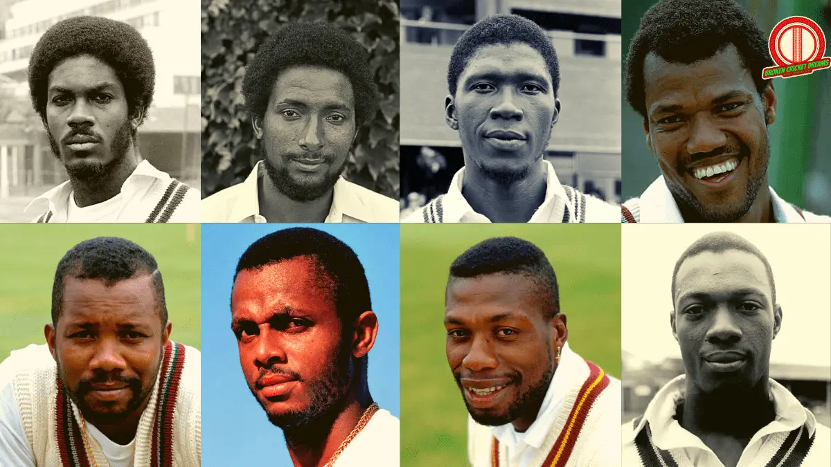 West Indian Fast Bowlers: List of the greatest West Indies Fast Bowlers of All-Time. Pictured here - Top (from left to right): Michael Holding, Andy Roberts, Joel Garner, Colin Croft. Bottom (From left to right) Malcolm Marshall, Courtney Walsh, Curtly Ambrose, Wes Hall