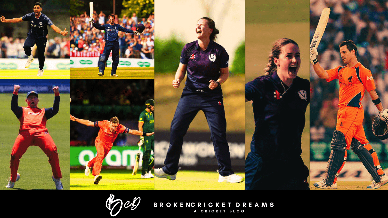 Scotland women's team qualify for the 2024 T20 World Cup. Collage of Scotland and Netherlands famous cricket moments.