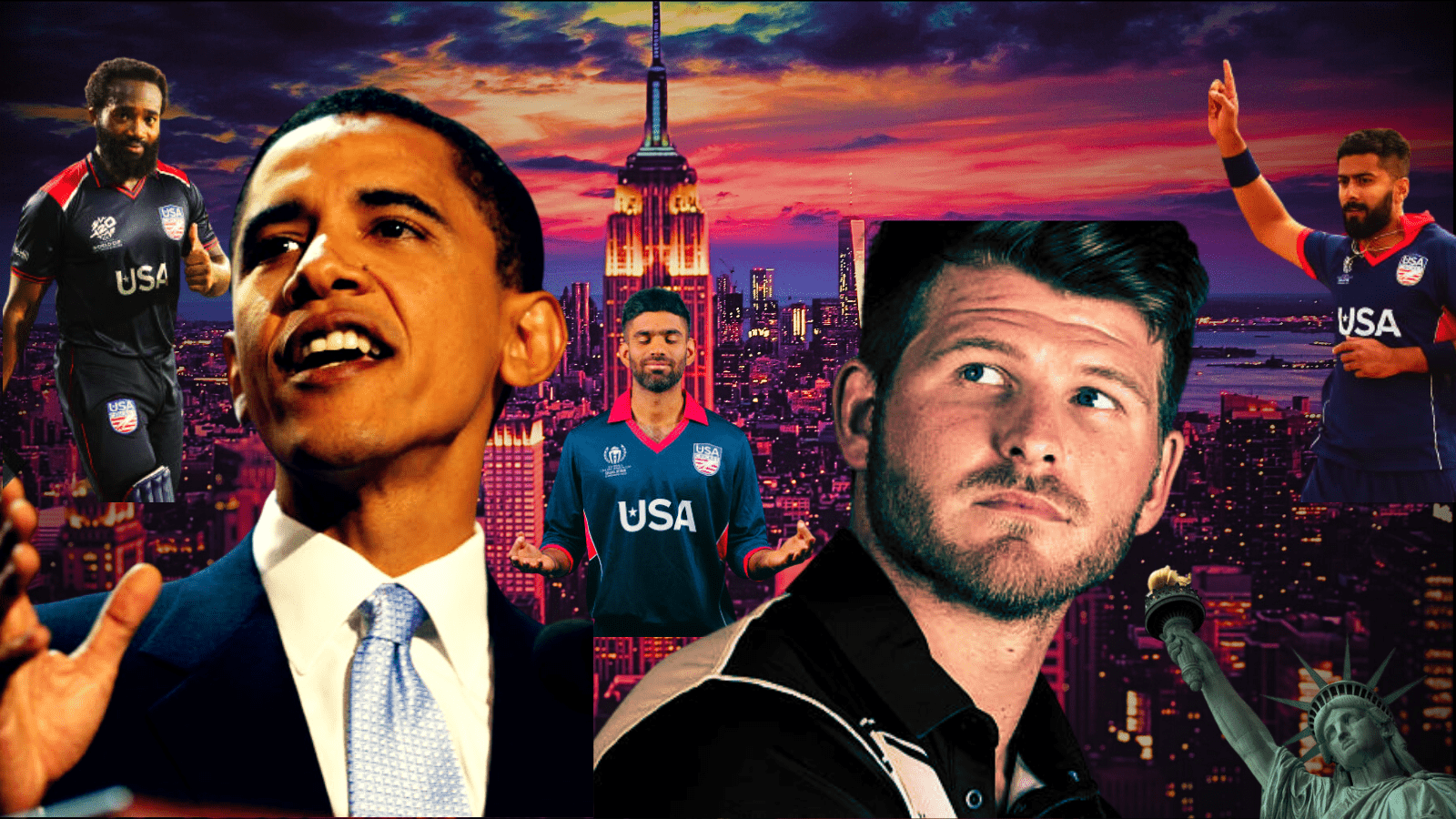 USA Cricket Team Defeats Pakistan: Corey Anderson, Barack Obama, Aaron Jones, Ali Khan, and Saurabh Netravalkar pictured here