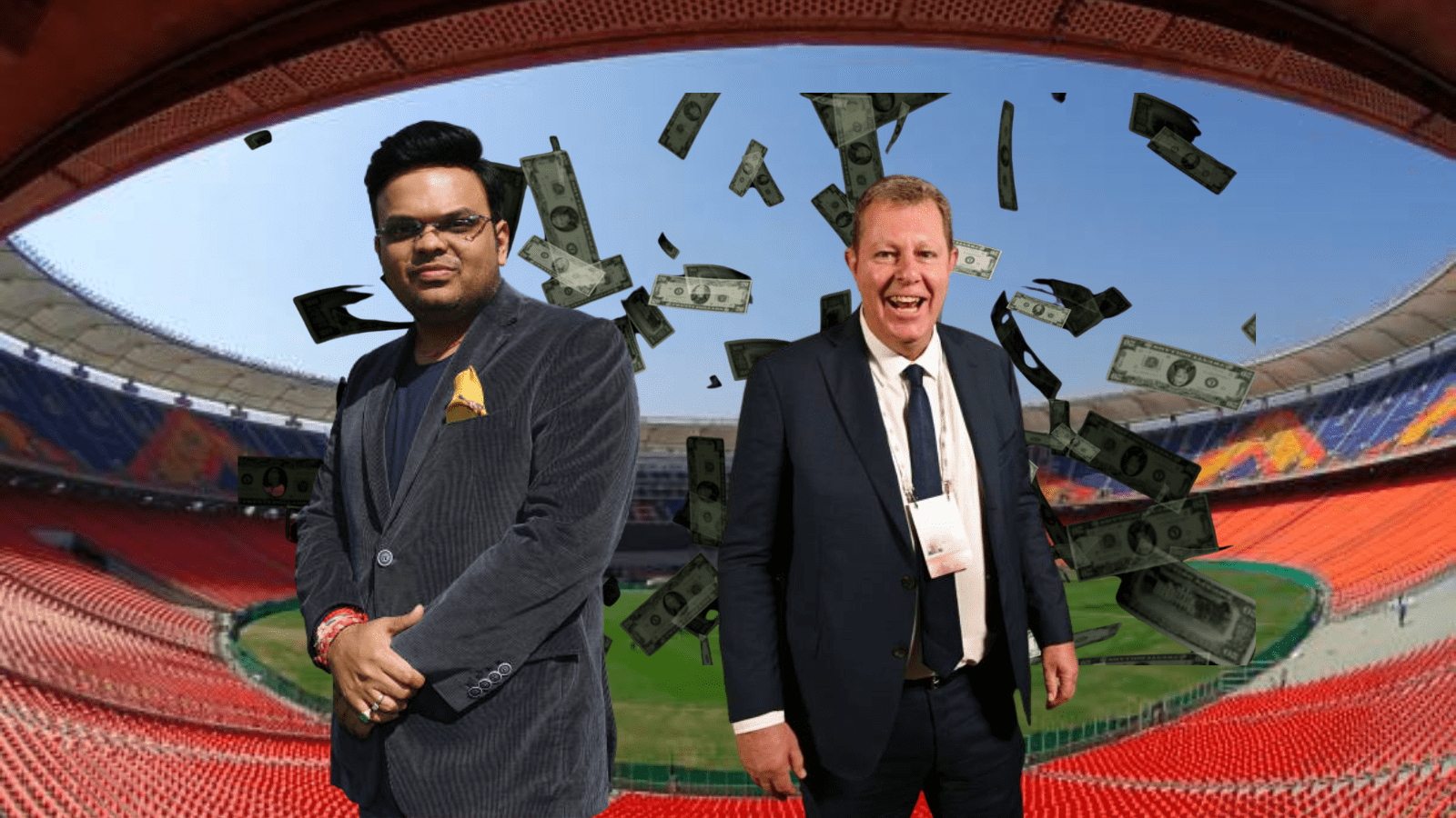 Photos of Jay Shah and Greg Barclay. Narendra Modi Cricket Stadium is in the background.