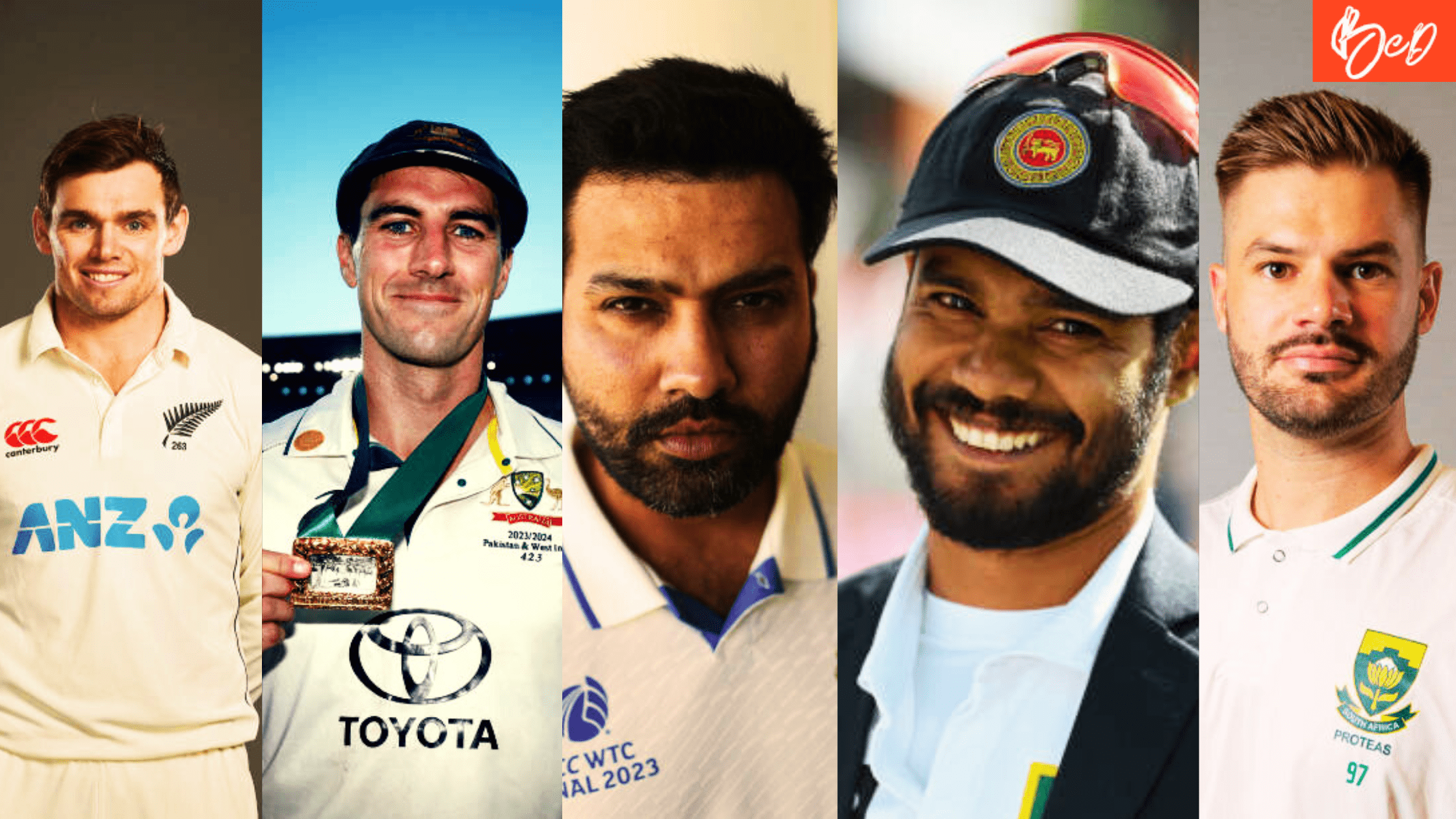 Collage of Test cricket captains of teams which are still in the race for the WTC Final: (from left to right) Tom Latham (NZ), Pat Cummins (Aus), Rohit Sharma (Ind), Dhananjaya de Silva (SL), Aiden Markram (SA)