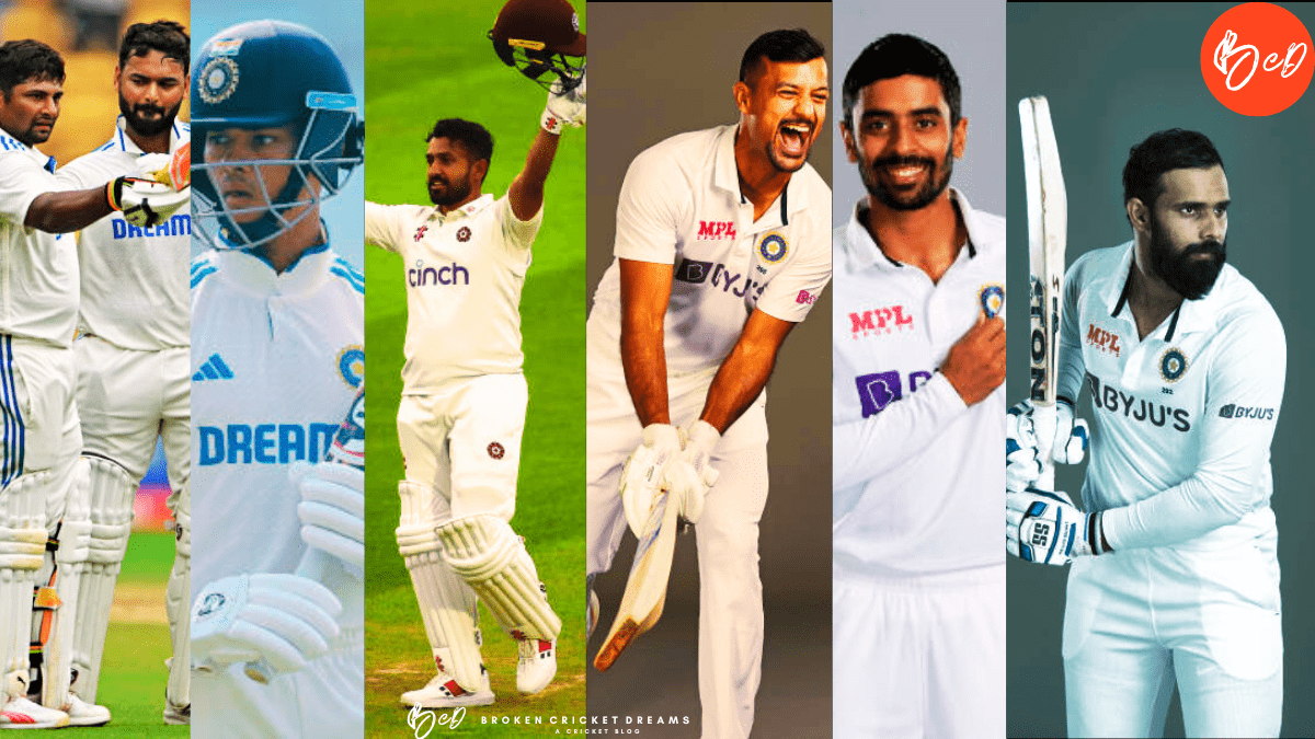 Collage of fringe Indian cricketers (from left to right): Sarfaraz Khan & Rishabh Pant, Yashasvi Jaiswal, Karun Nair, Mayank Agarwal, Abhimanyu Easwaran, Hanuma Vihari