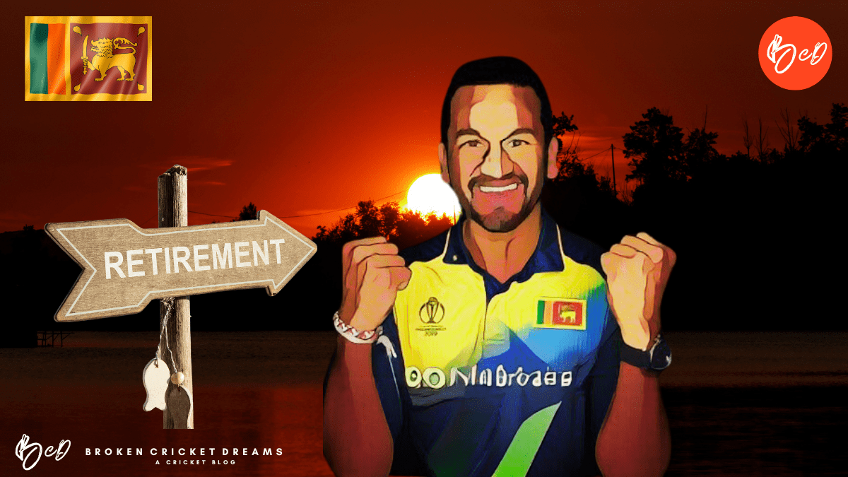 Dimuth Karunaratne Retires Dimuth Karunaratne retires. Cartoon picture of Karunaratne in ODI jersey with sun setting in the background.
