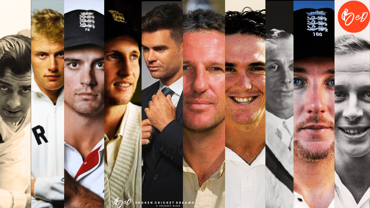 Collage of the great England cricketers including Fred Trueman, Andrew Flintoff, Alastair Cook, Joe Root, Jimmy Anderson, Ian Botham, Kevin Pietersen, Jack Hobbs, Stuart Broad, and Derek Underwood.