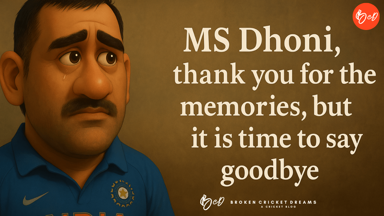 A Pixar 3D image of MS Dhoni with a caption