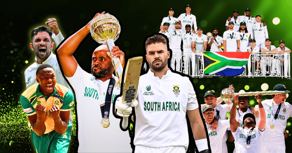 Collage of Temba Bavuma, Kagiso Rabada, Aiden Markram, Keshav Maharaj, and the entire WTC 2025 Champion Team.