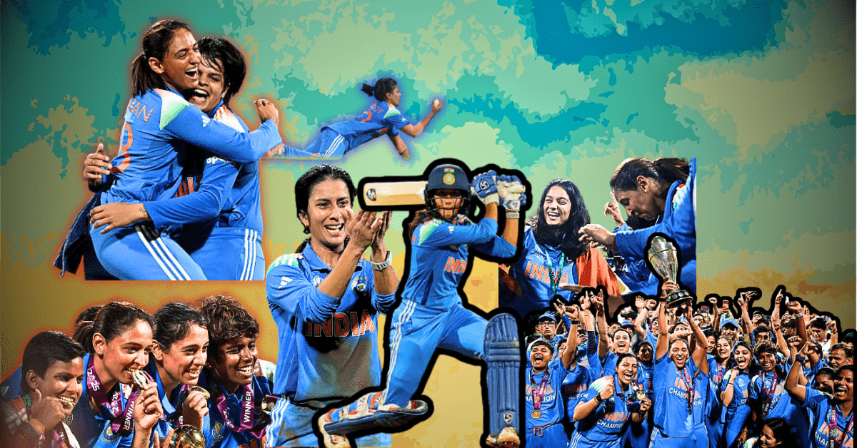 Collage of Jemimah Rodrigues, Harmanpreet Kaur, Shafali Verma, Deepti Sharma, Amanjot Kaur as India win the women's world cup.