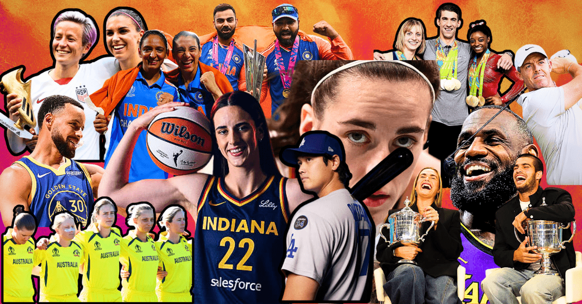 Collage of Caitlin Clark, Rohit Sharma, Virat Kohli, Harmanpreet Kaur, Smriti Mandhana, Stephen Curry, Lebron James, Shohei Ohtani, Megan Rapinoe, Alex Morgan, Aryna Sabalenka, Carlos Alcatraz, Rory Mcilroy, and the Australian women's cricket team.