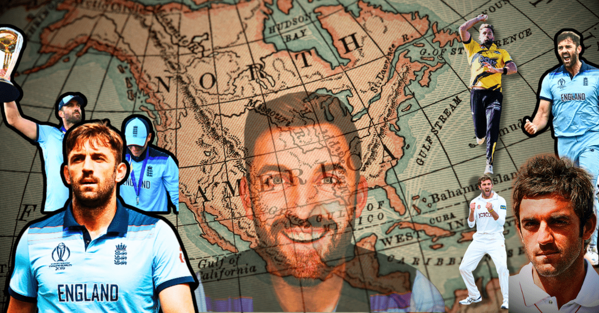 Liam Plunkett Cricket in America Several photos of Liam Plunkett with the background of North American map.